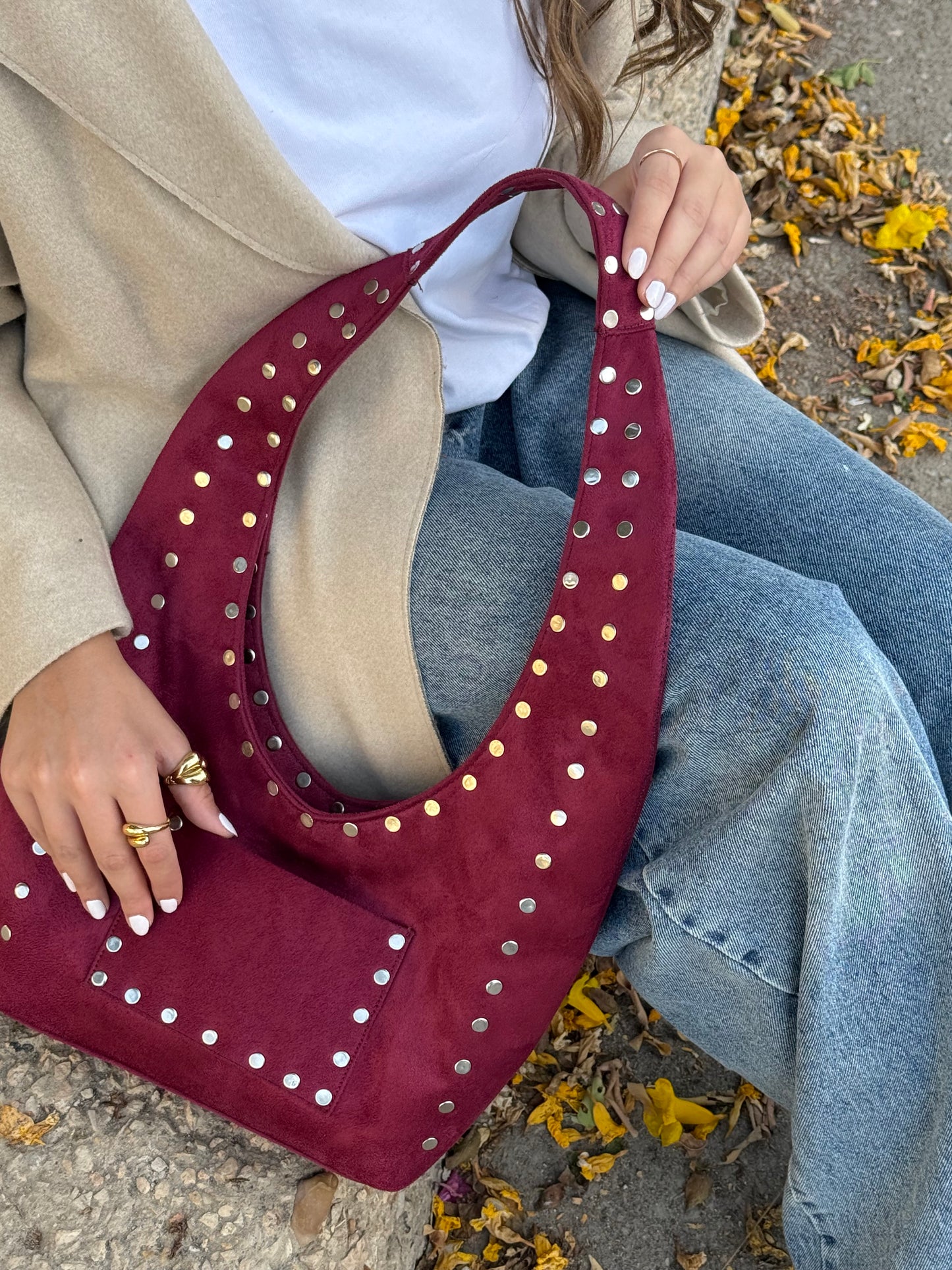 Big studded+suede bag (winter edition) in cherry