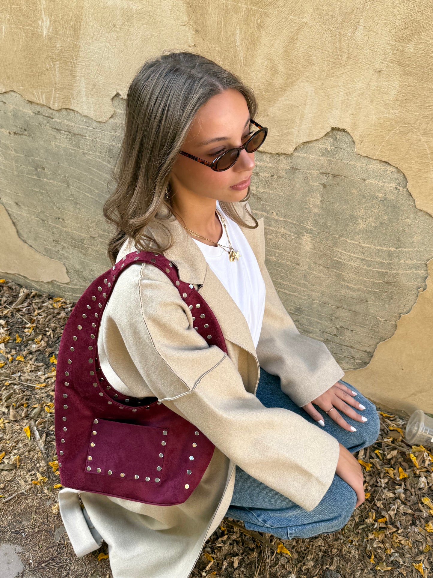 Big studded+suede bag (winter edition) in cherry