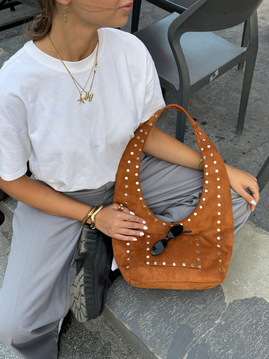 Big studded+suede bag (winter edition) in camel