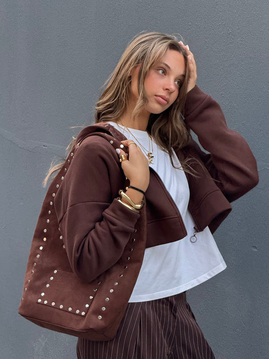 Big studded+suede bag(winter edition) in brown